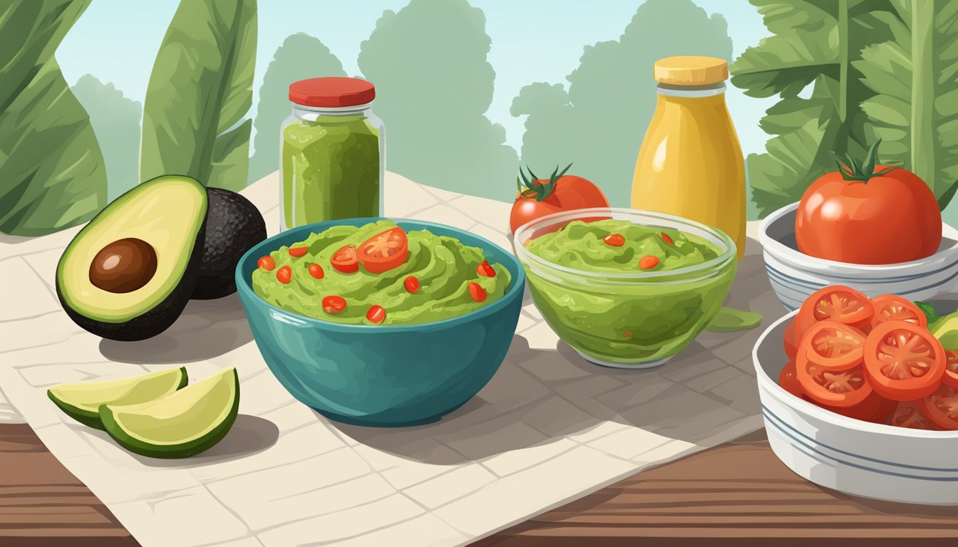 A table with a bowl of store-bought guacamole next to a jar of salsa, surrounded by fresh avocados and tomatoes