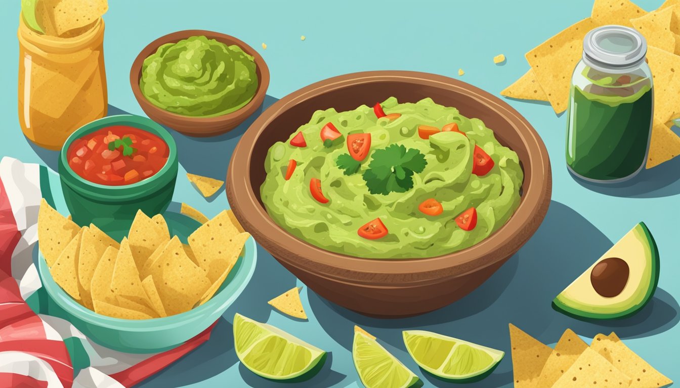 A table with a bowl of store-bought guacamole and a jar of salsa, surrounded by tortilla chips and fresh vegetables