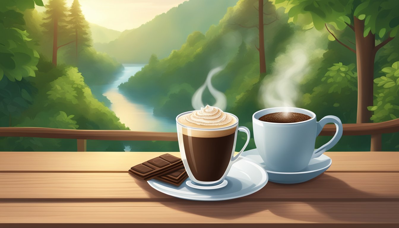 A steaming cup of flavored instant coffee and a packet of powdered hot chocolate sit side by side on a wooden table, surrounded by lush greenery and a serene natural setting