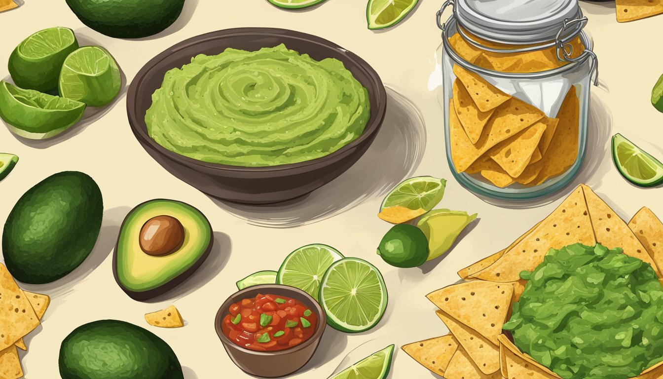 A table with a bowl of store-bought guacamole and a jar of salsa, surrounded by tortilla chips and a few scattered avocado pits