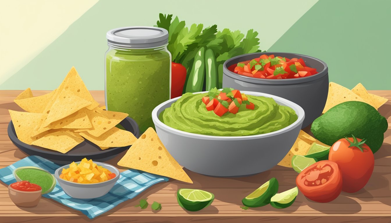 A table with a bowl of store-bought guacamole and a jar of salsa, surrounded by tortilla chips and fresh vegetables