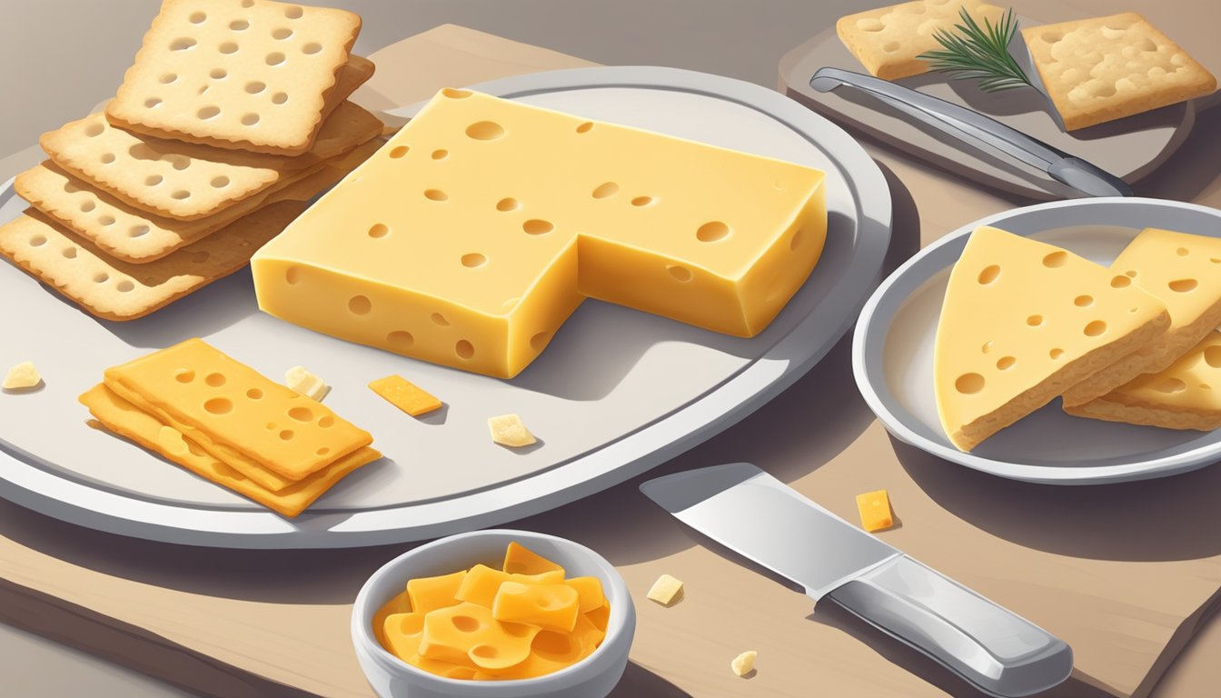 A table with processed cheese spread and spray cheese next to each other, with crackers and a cheese knife nearby