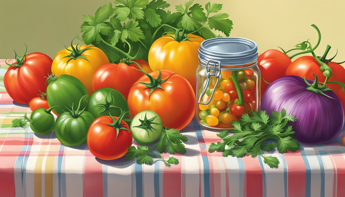 A colorful array of fresh tomatoes, onions, cilantro, and peppers, spilling out of a jar onto a vibrant tablecloth