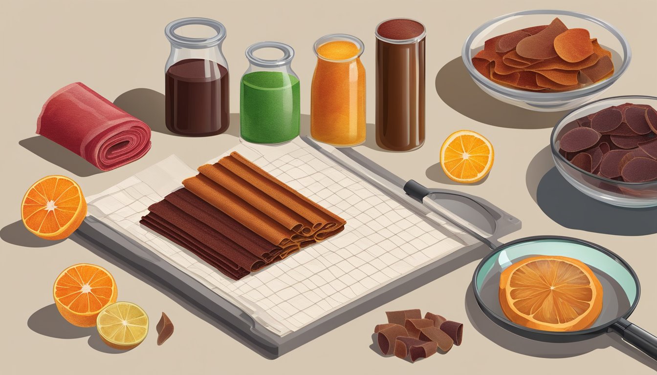 A table with a variety of fruit leather and fruit roll-ups laid out for comparison, with a scale and magnifying glass for evaluation