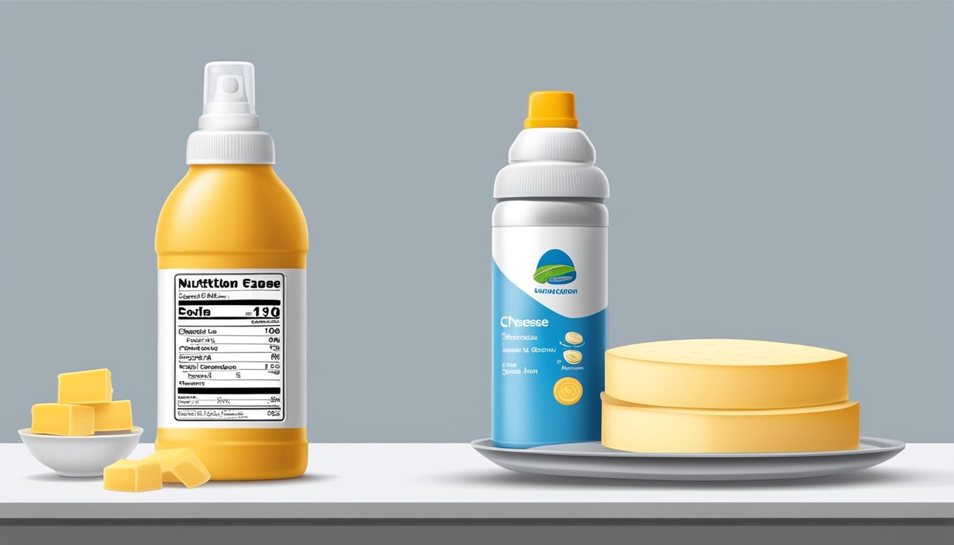 A comparison of processed cheese spread and spray cheese in front of a nutrition label and a scale