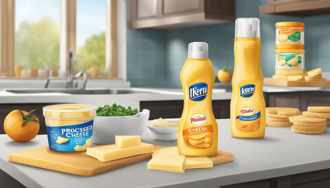 A comparison of processed cheese spread and spray cheese in a kitchen setting, with both products displayed on a countertop