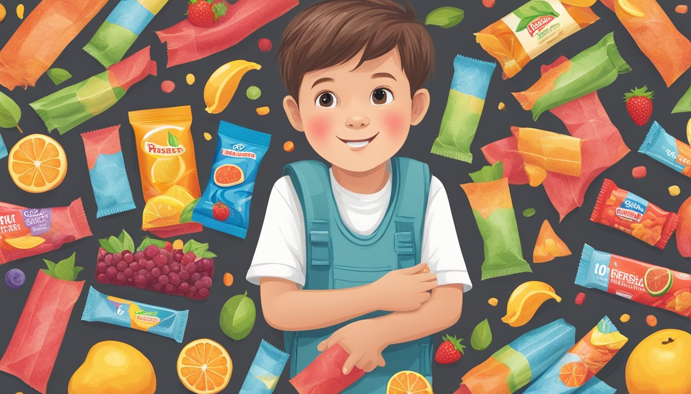 A child holding a fruit leather and a fruit roll-up, with a thoughtful expression on their face, surrounded by various fruit snacks and packaging