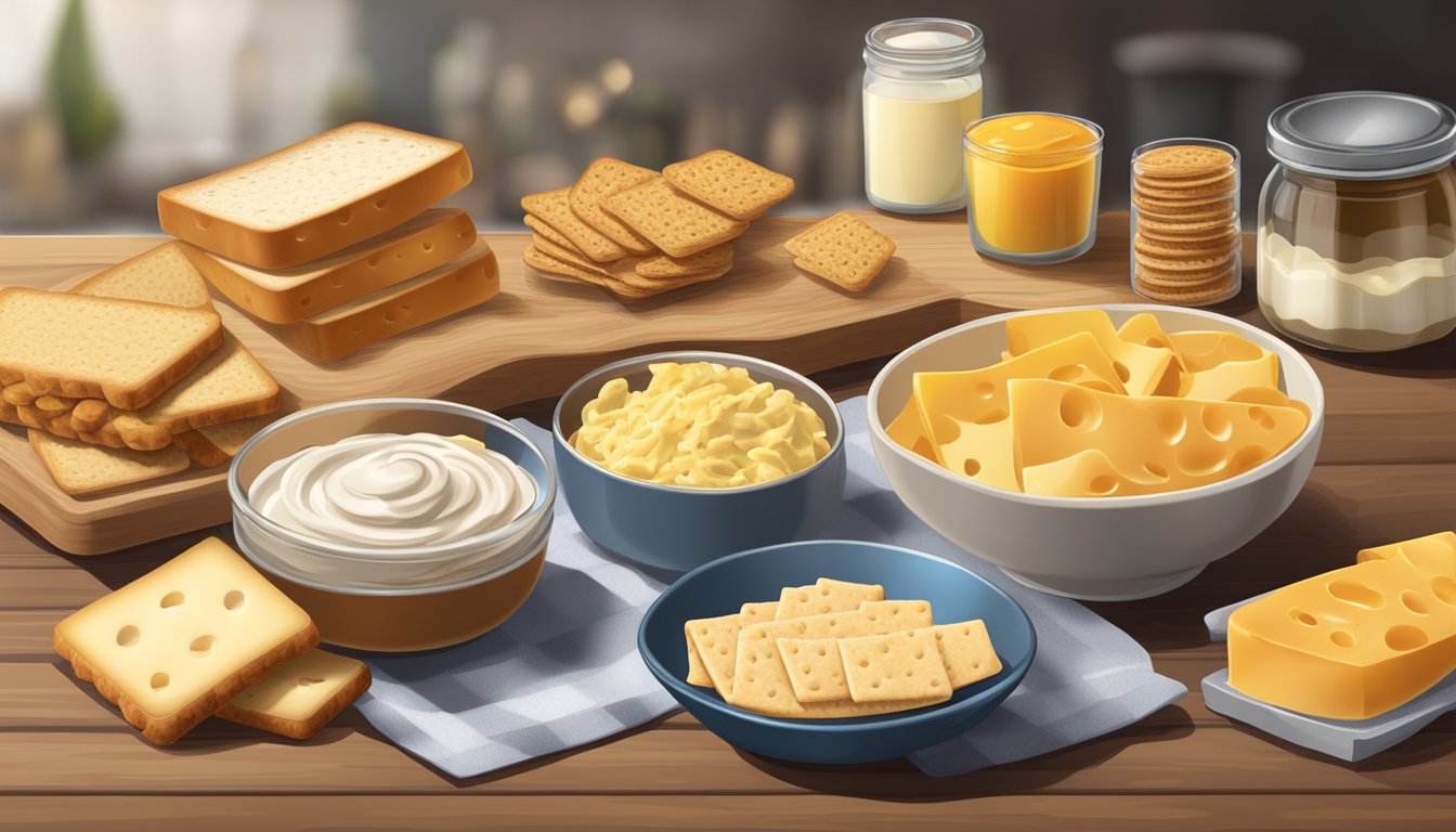 A table with two open containers of processed cheese spread and spray cheese, surrounded by various crackers and bread slices