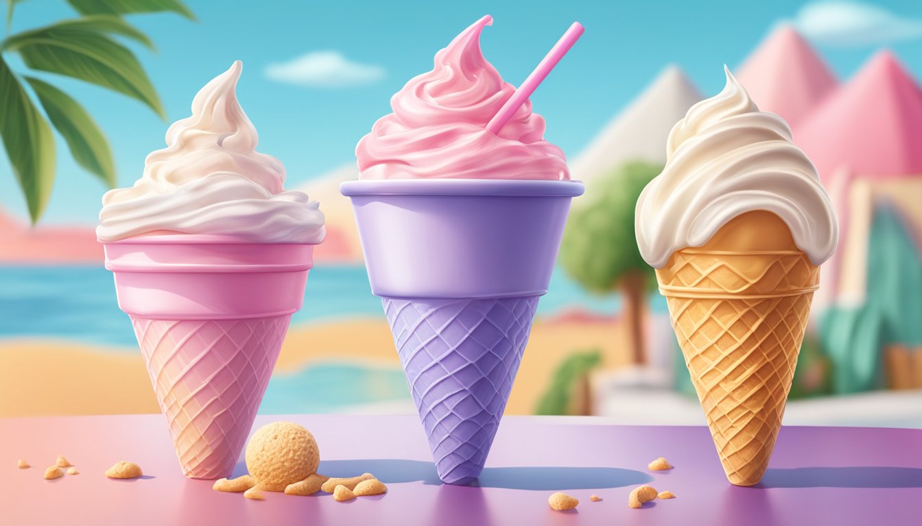 A melting frozen yogurt cone sits next to a dripping soft-serve ice cream cone on a hot summer day