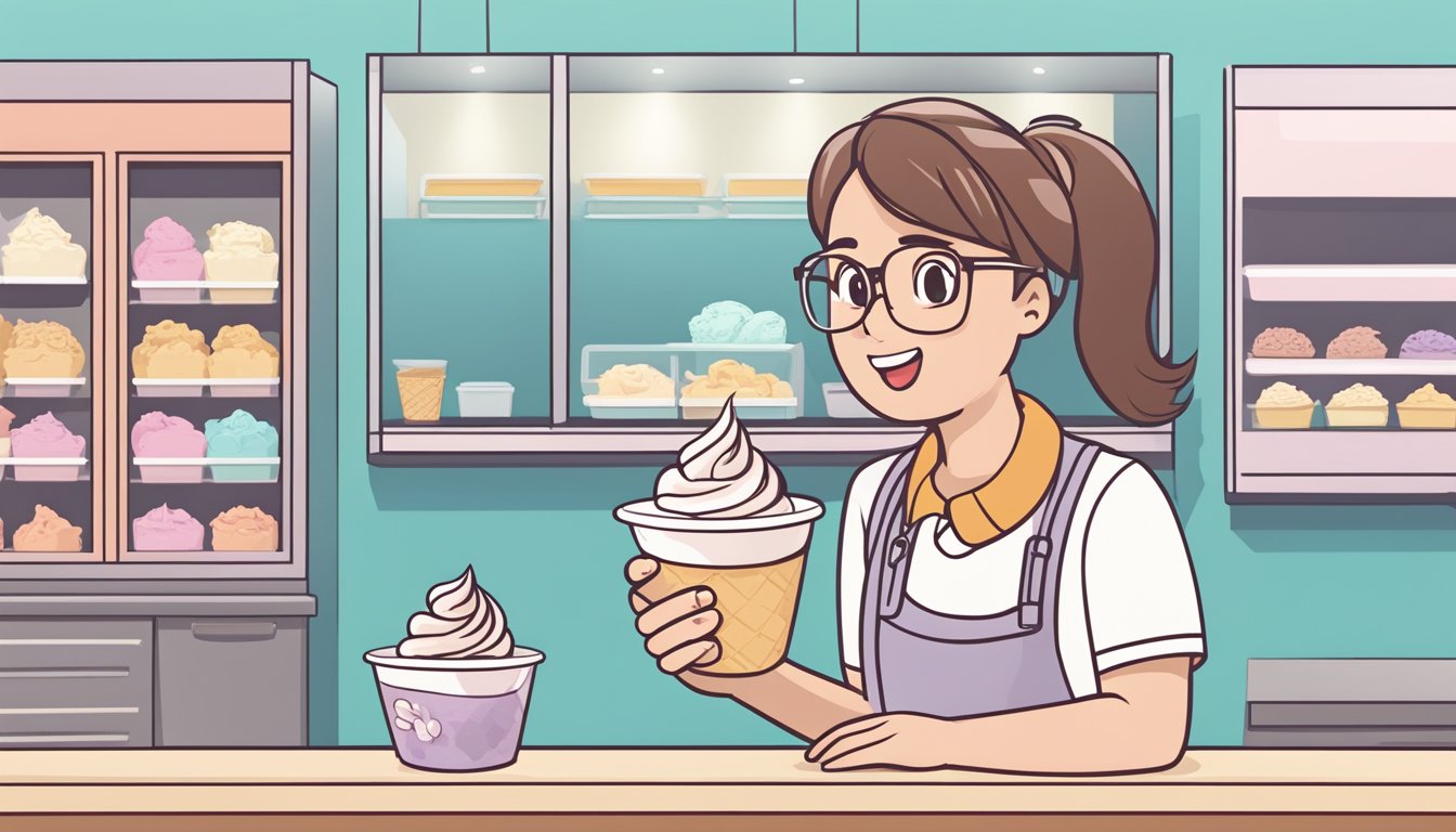 A customer holding a frozen yogurt and soft-serve ice cream, with a confused expression while looking at the two options