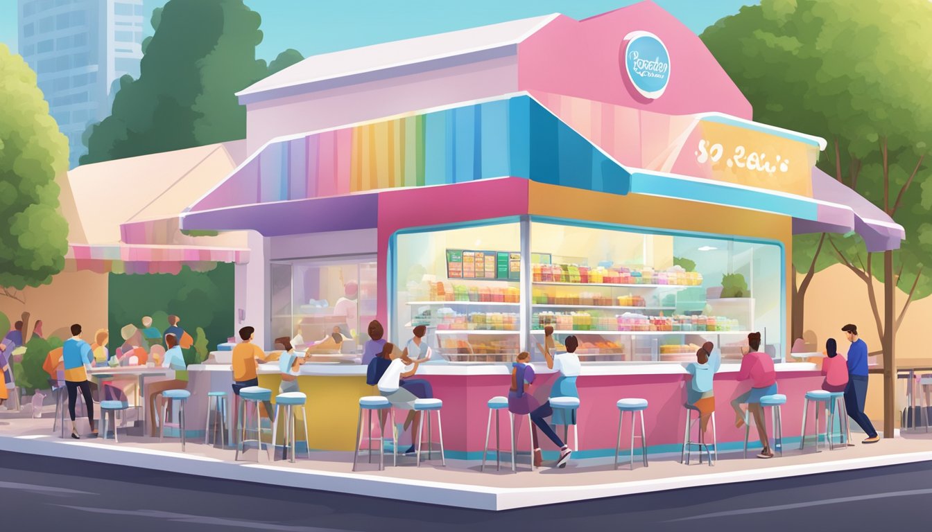 A bustling frozen yogurt shop with colorful toppings and a soft-serve ice cream machine in a busy outdoor setting