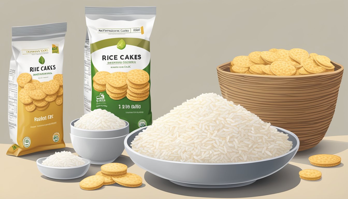 A pile of packaged rice cakes and rice crackers on a table, with their nutritional values displayed next to them for comparison