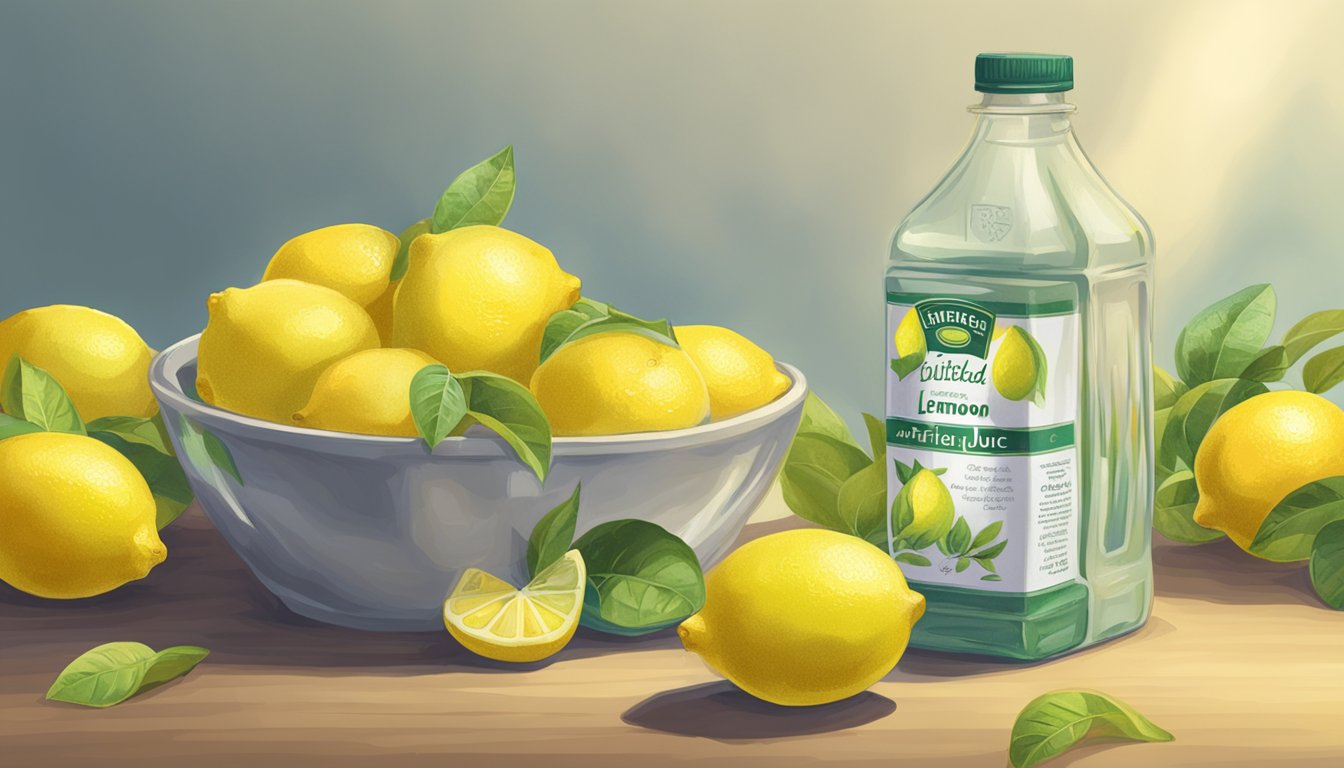 A table with two bottles: one labeled "Bottled Lemon Juice" and the other "Artificial Lemon Flavoring." A pile of lemons sits nearby