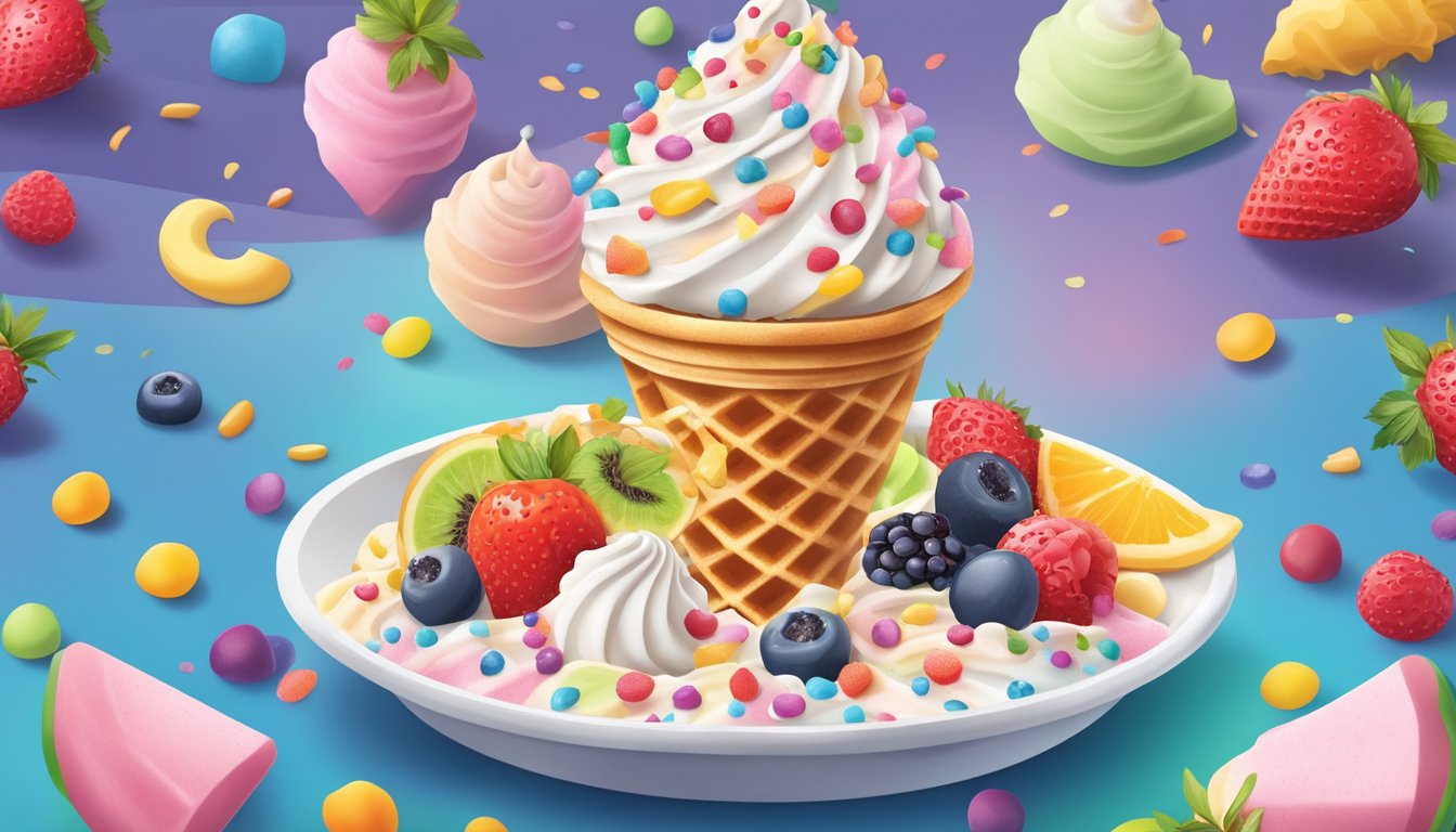 A colorful swirl of frozen yogurt and soft-serve ice cream in a waffle cone, surrounded by scattered sprinkles and fruit toppings