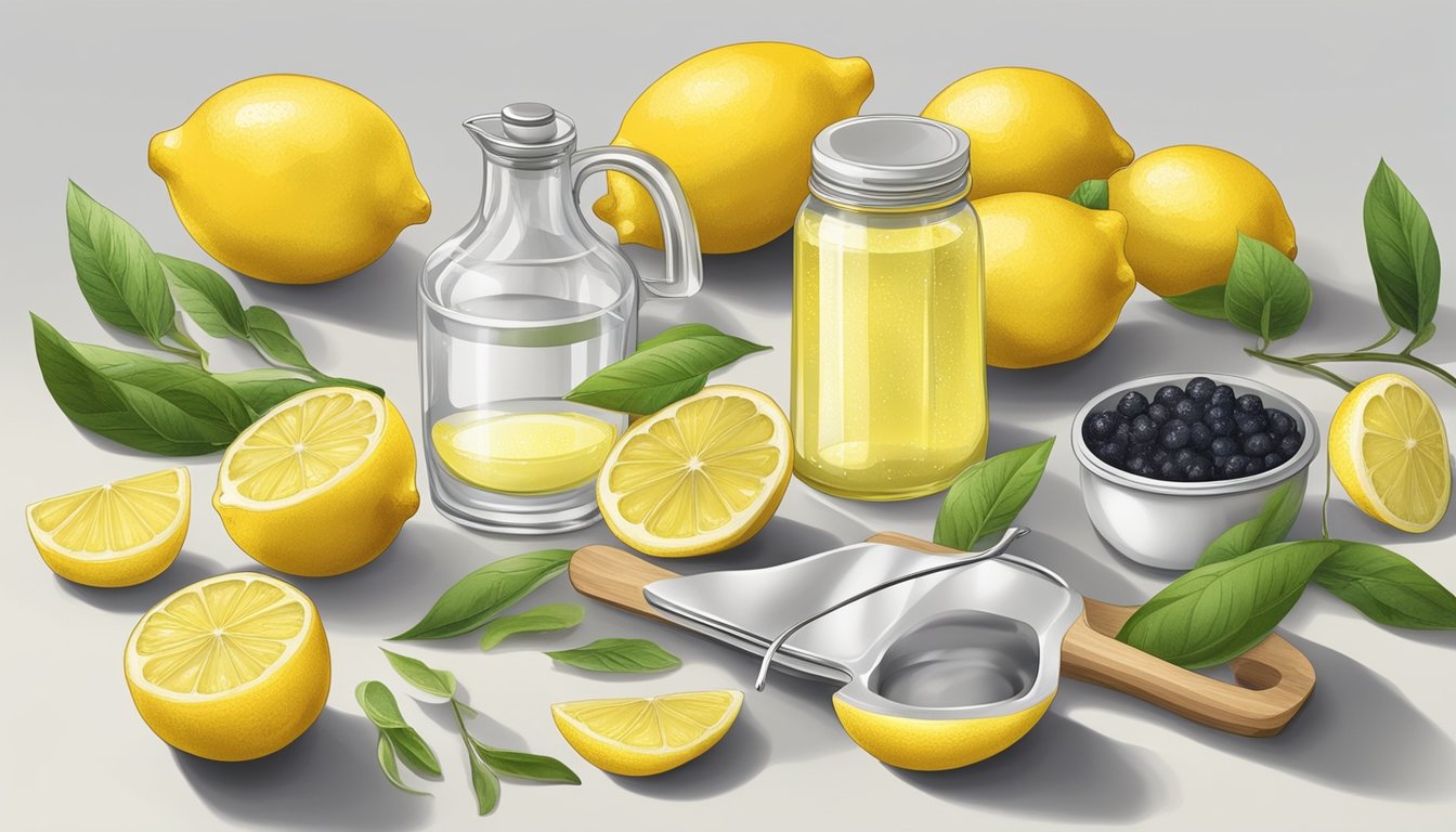 A kitchen counter with a bottle of lemon juice and a container of artificial lemon flavoring, surrounded by various cooking utensils and ingredients