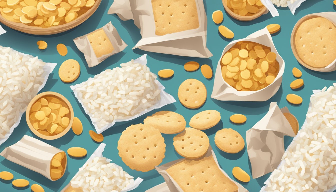 A pile of packaged rice cakes and rice crackers spilling out of torn open bags, surrounded by scattered ingredient labels and additives