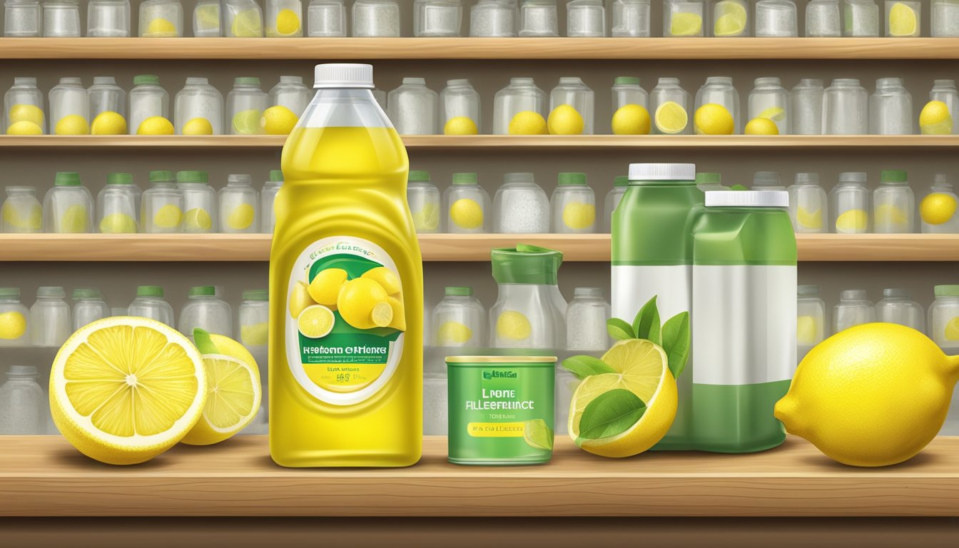 A shelf with a bottle of lemon juice and a container of artificial lemon flavoring, both showing signs of deterioration and expiration