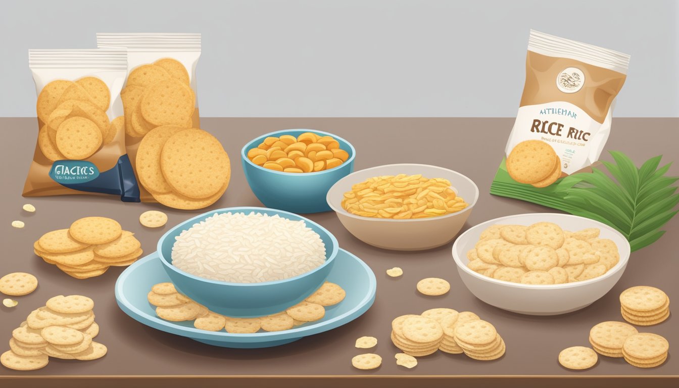 A table with a plate of packaged rice cakes next to a plate of rice crackers, with a variety of alternative snack options displayed in the background