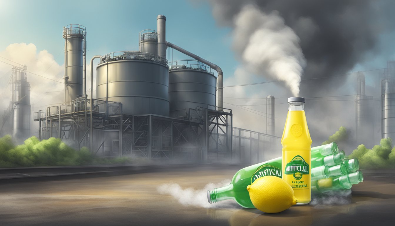 A pile of plastic bottles labeled "bottled lemon juice" next to a factory emitting smoke with the words "artificial lemon flavoring" on a sign