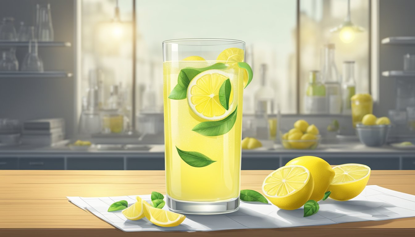 A glass of lemonade sits on a table, surrounded by fresh lemons and a bottle of lemon juice. A chemical structure diagram of artificial lemon flavoring hovers in the background