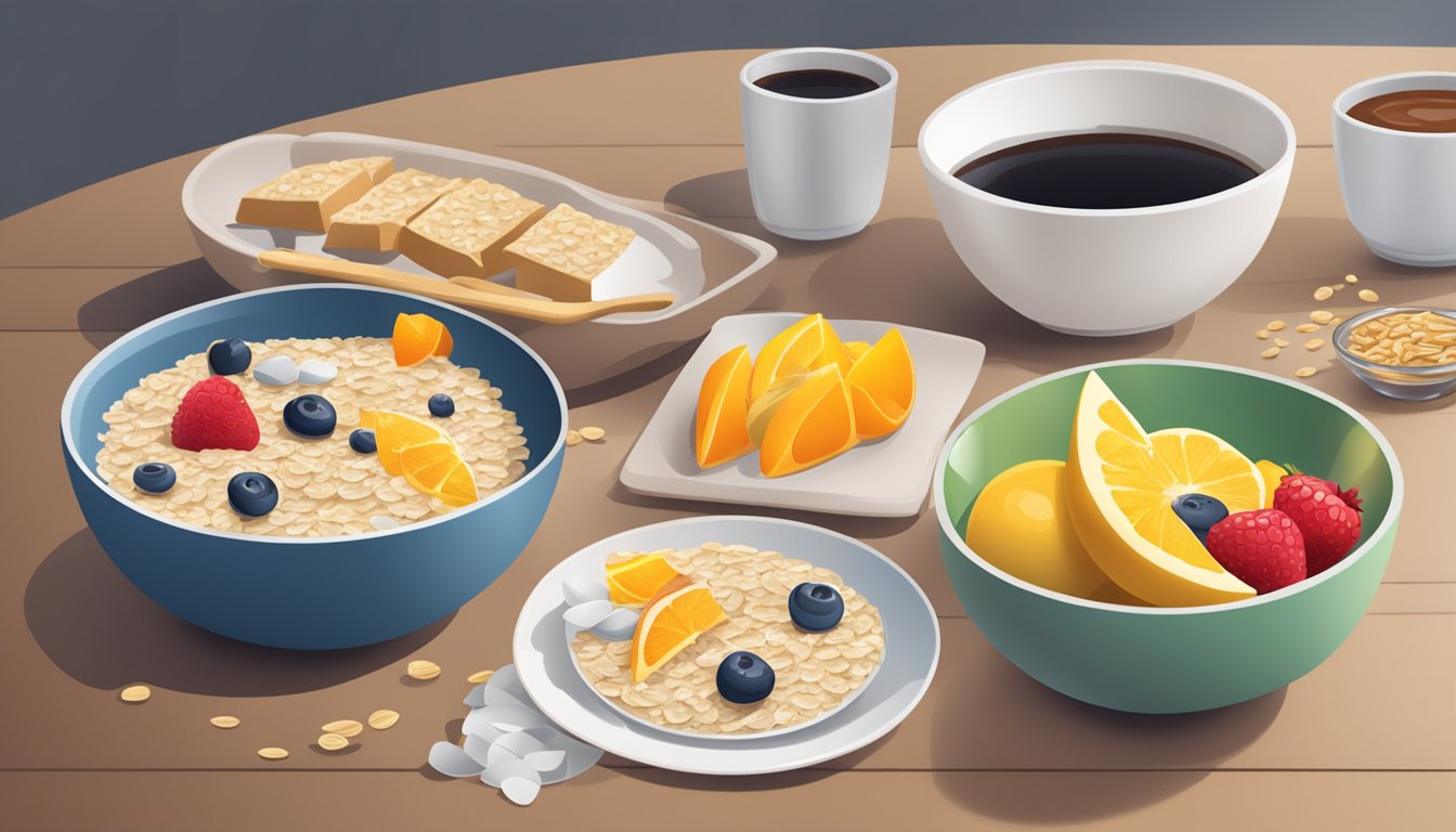 A table with two bowls of instant oatmeal and two breakfast bars, surrounded by scattered sugar packets and fruit slices