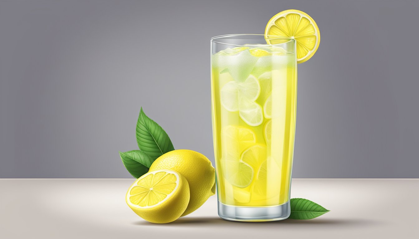 A glass of lemonade with a bottle of lemon juice and a container of artificial lemon flavoring next to it