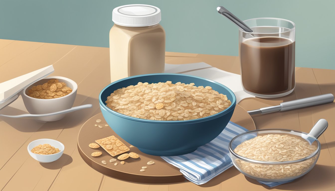 A bowl of flavored instant oatmeal next to a pile of sugary breakfast bars on a table, with a nutrition label and a magnifying glass nearby for analysis