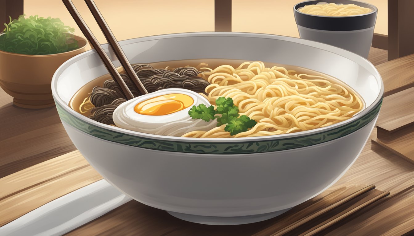 A steaming bowl of packaged ramen next to a cup of noodles on a wooden table