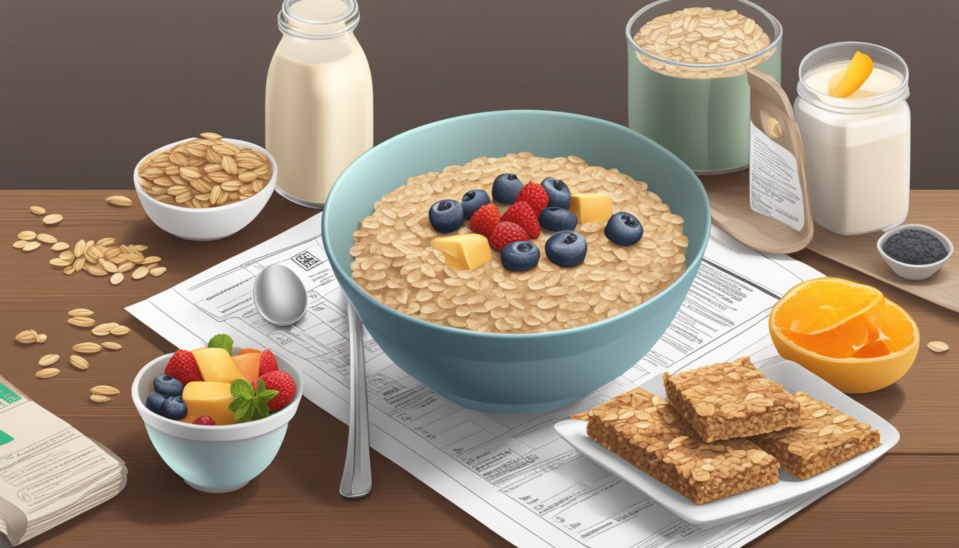 A table with a bowl of flavored instant oatmeal and a plate of sugary breakfast bars, surrounded by nutrition labels and health-related articles