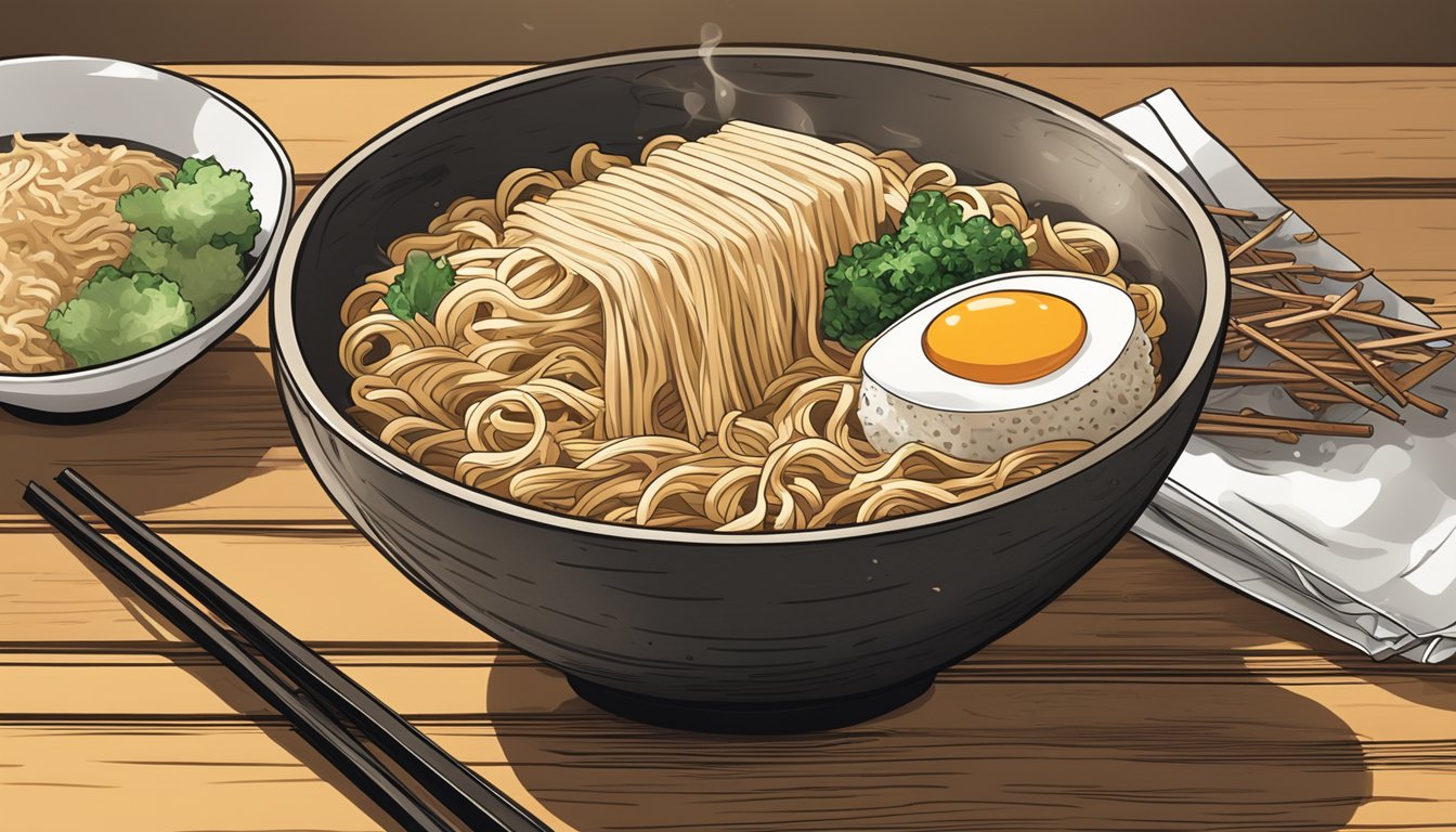 A steaming bowl of packaged ramen sits on a wooden table, surrounded by scattered chopsticks and a crumpled seasoning packet