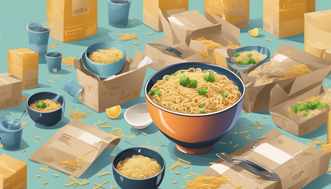 A steaming cup of noodles sits on a table, surrounded by scattered packaging and a fork