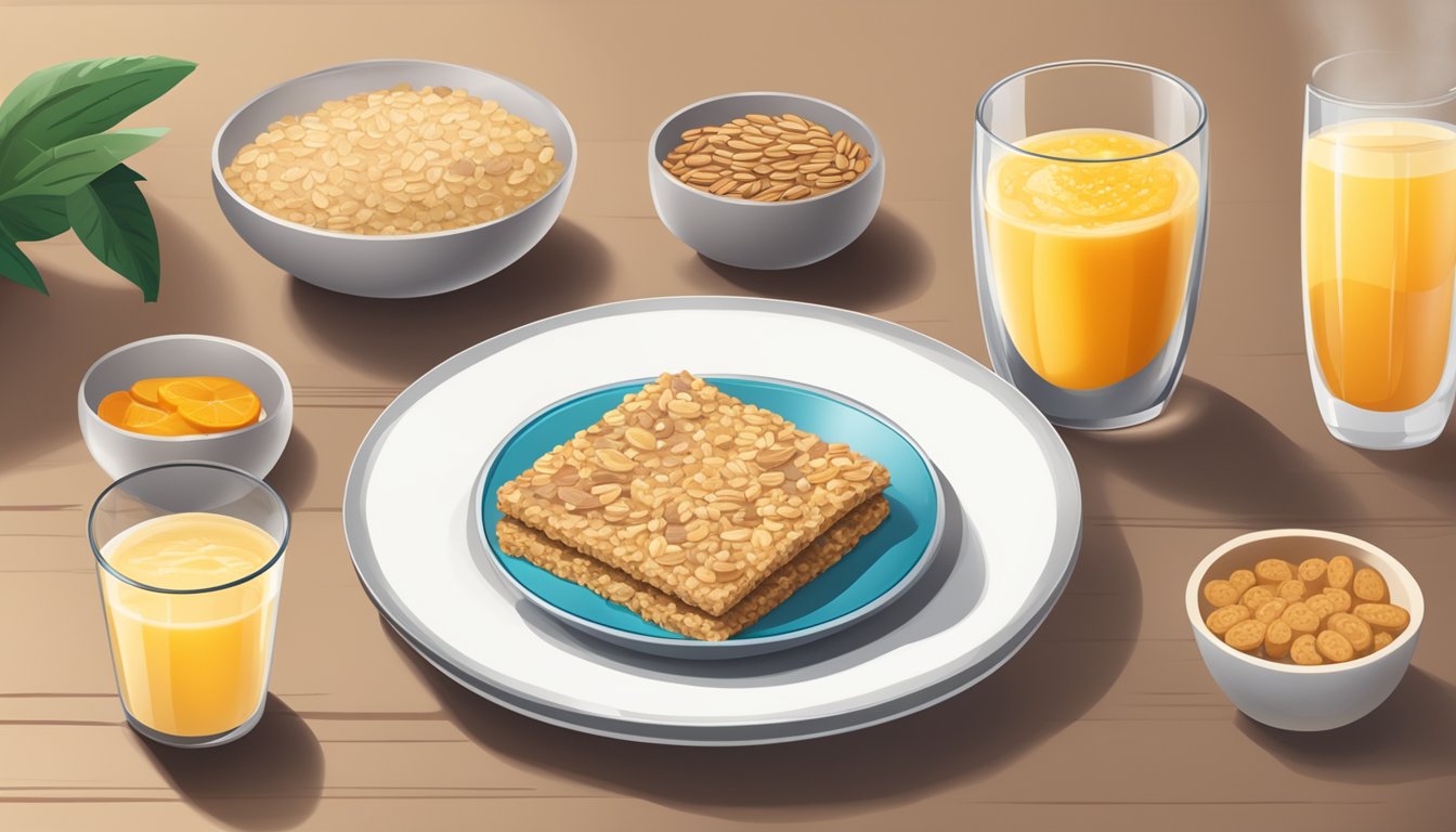 A table set with a bowl of flavored instant oatmeal next to a pile of sugary breakfast bars, with a glass of orange juice and a banana on the side