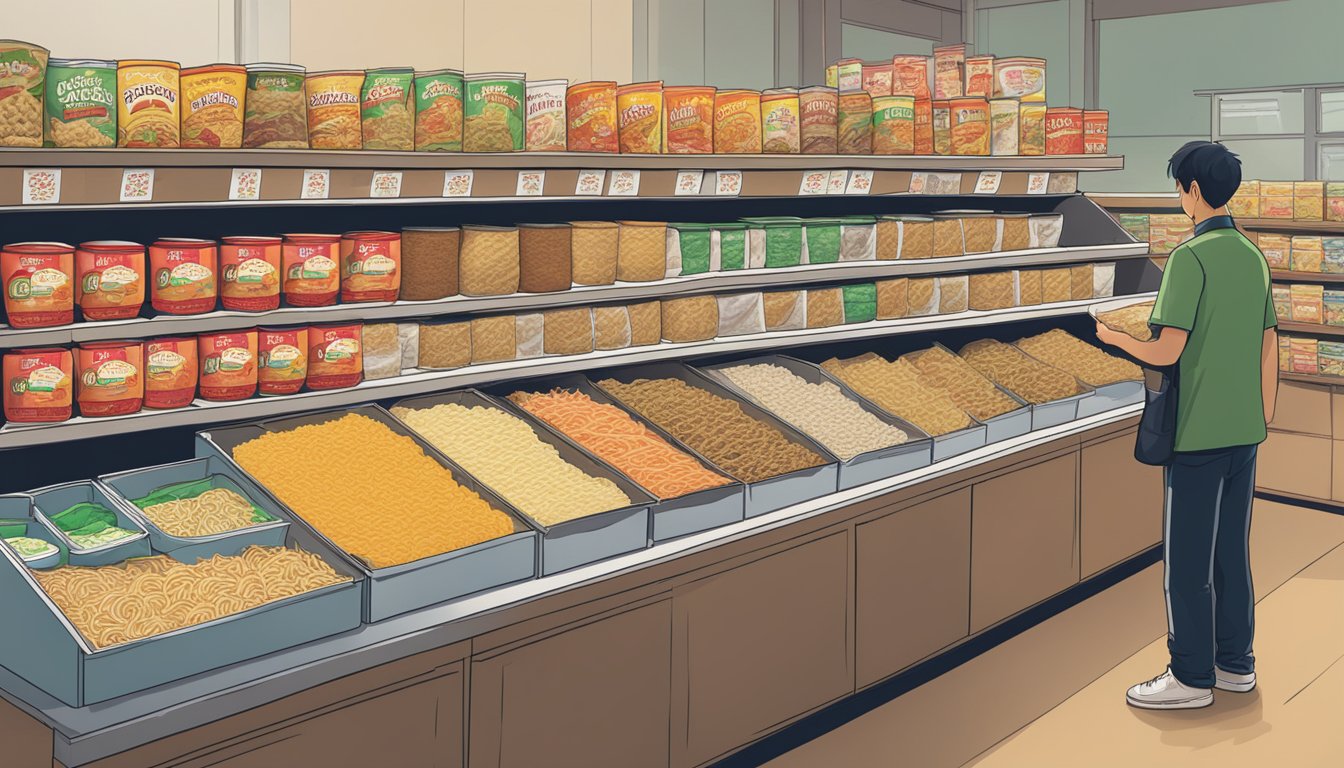 A table with a variety of packaged ramen and cup noodles arranged in a neat display, with a thoughtful person pondering over the options