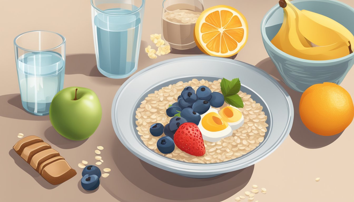 A bowl of instant oatmeal and a breakfast bar on a table, surrounded by fresh fruit and a glass of water