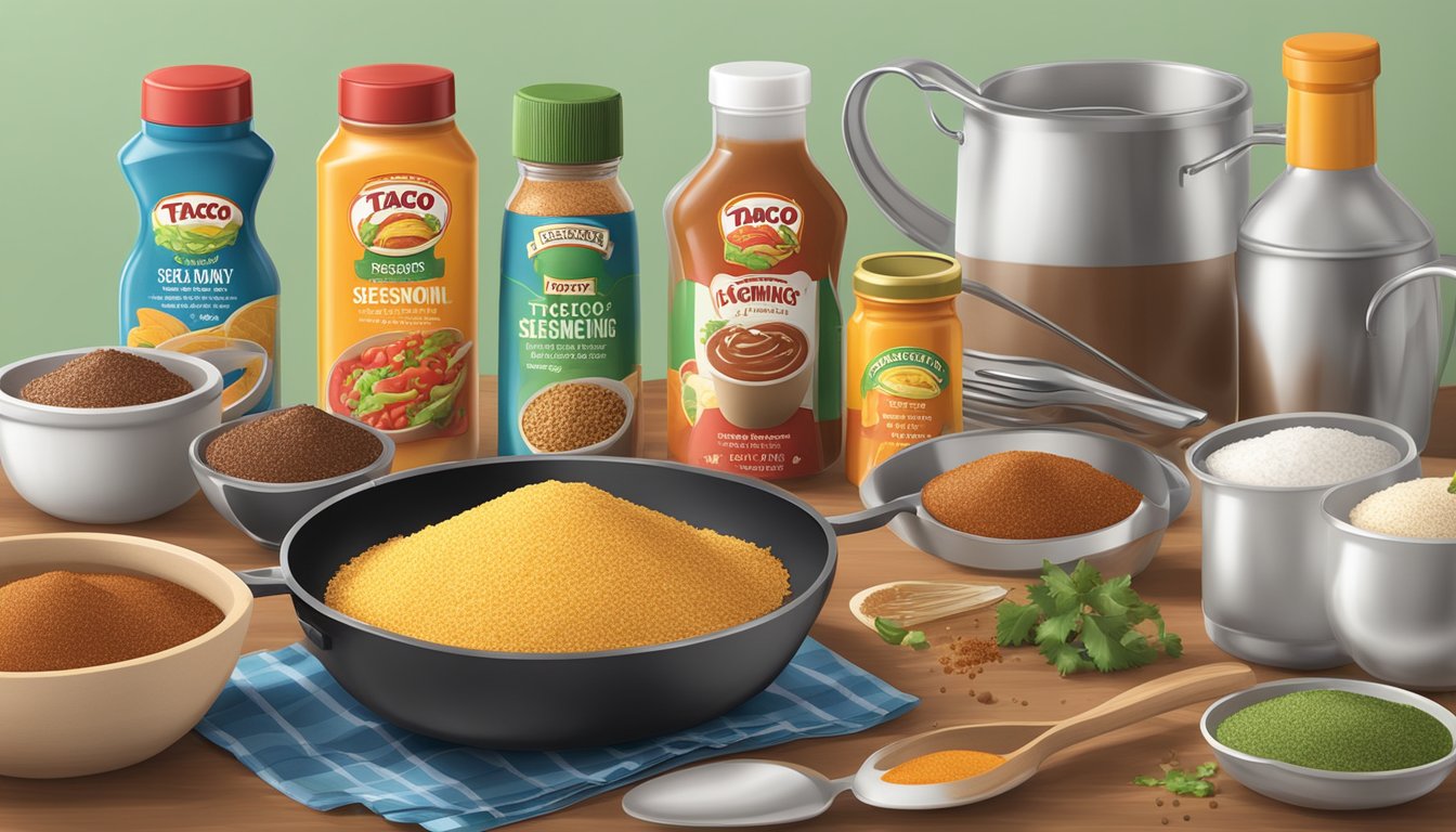 A kitchen counter with open packages of taco seasoning and gravy mix, surrounded by various cooking utensils and ingredients