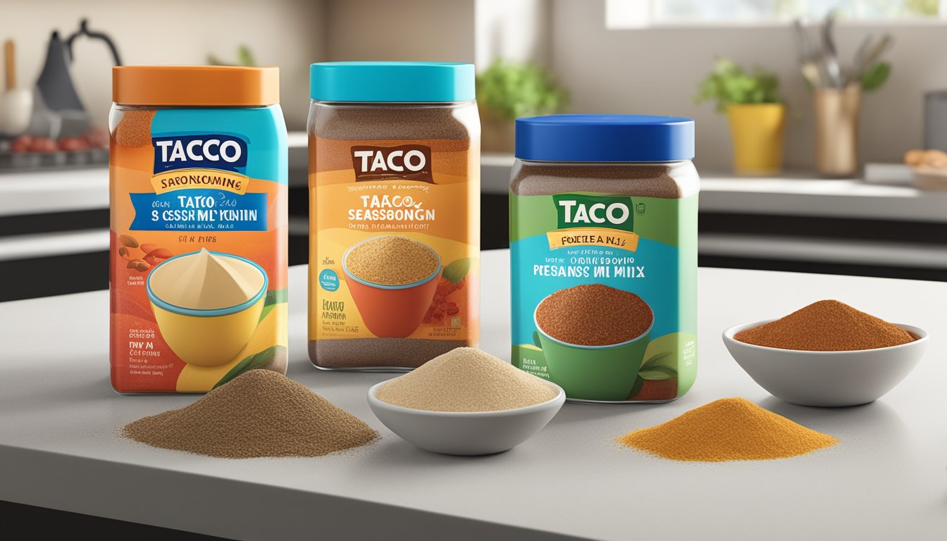 A comparison of packaged taco seasoning and gravy mix in colorful, labeled containers on a kitchen counter