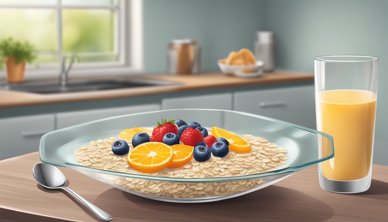 A bowl of instant oatmeal and a breakfast bar on a table, surrounded by fresh fruits and a glass of water