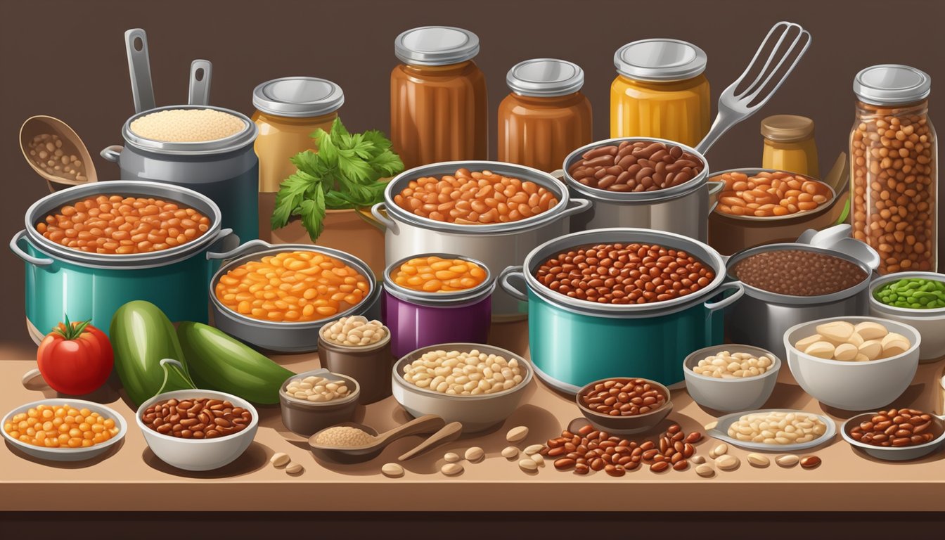 A table with a variety of canned baked beans and refried beans, surrounded by kitchen utensils and ingredients, showcasing their culinary uses and flexibility