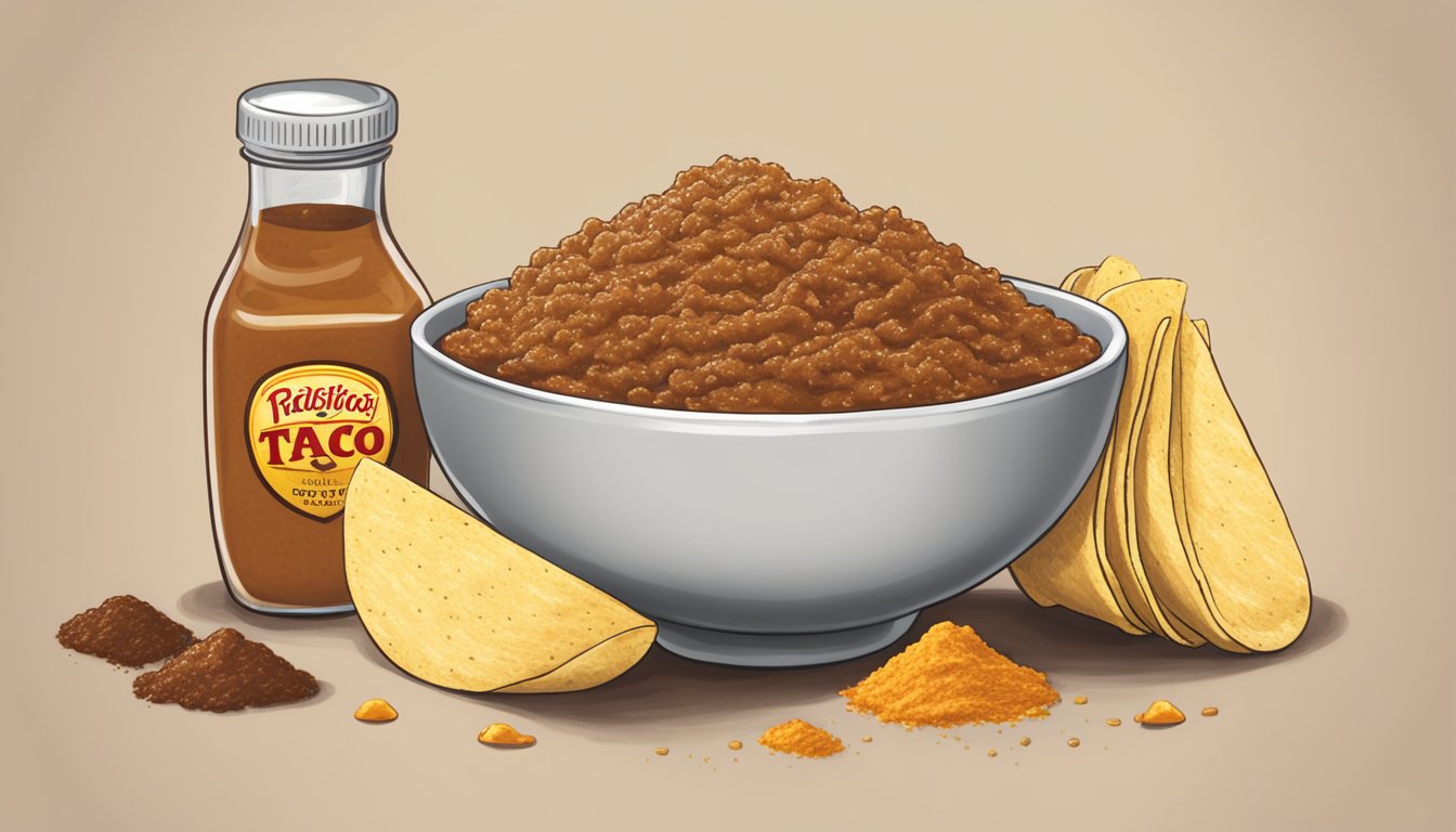 A table with two bowls of taco seasoning and gravy mix, surrounded by scattered taco shells and mashed potatoes