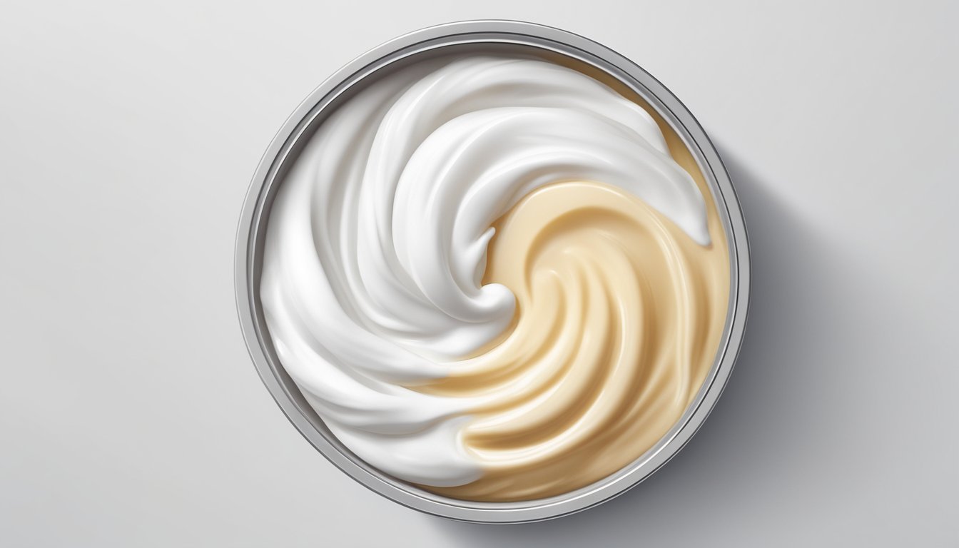 A dollop of sweetened condensed milk and a swirl of whipped cream in a can, side by side on a white plate