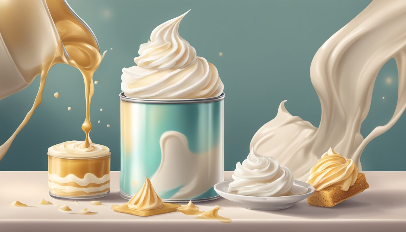 A dollop of sweetened condensed milk oozes from a can next to a swirl of whipped cream on a dessert table