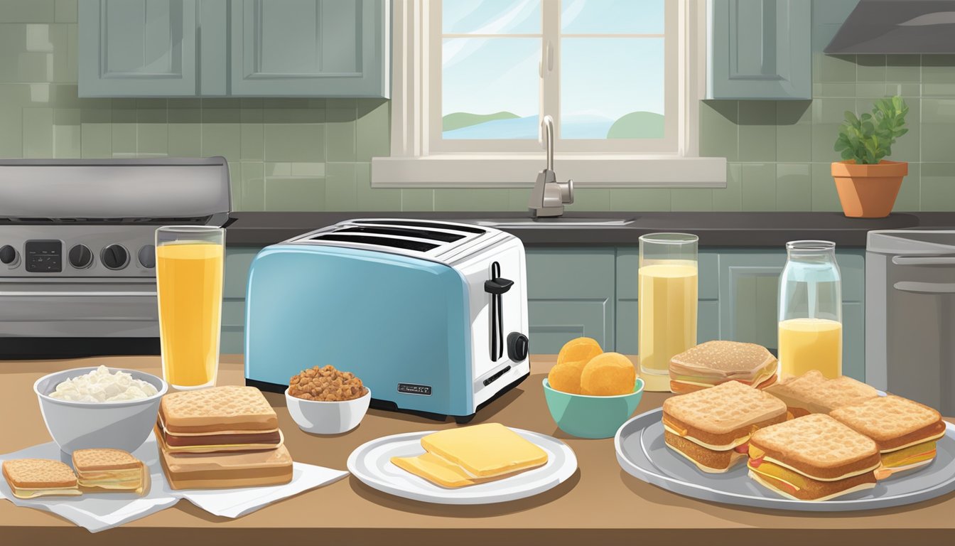 A kitchen counter with a toaster, toaster pastries, and a box of frozen breakfast sandwiches