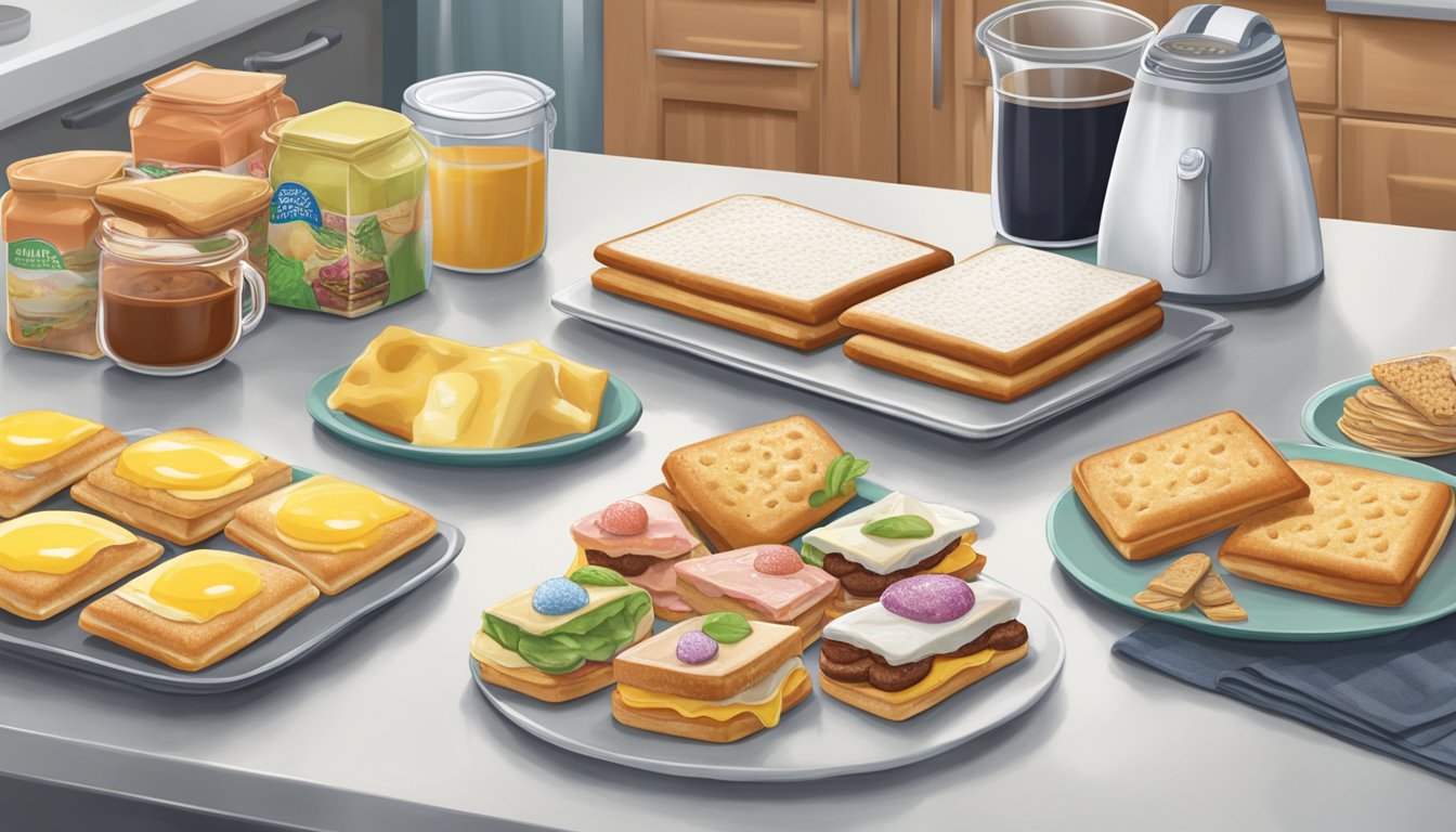 A variety of frozen breakfast sandwiches and toaster pastries arranged on a kitchen counter