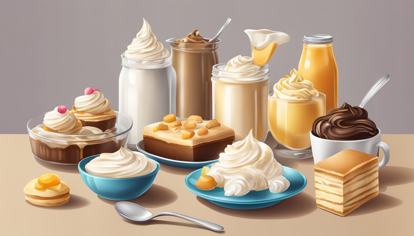 A table with a can of sweetened condensed milk and a can of whipped cream, surrounded by various desserts and a spoon