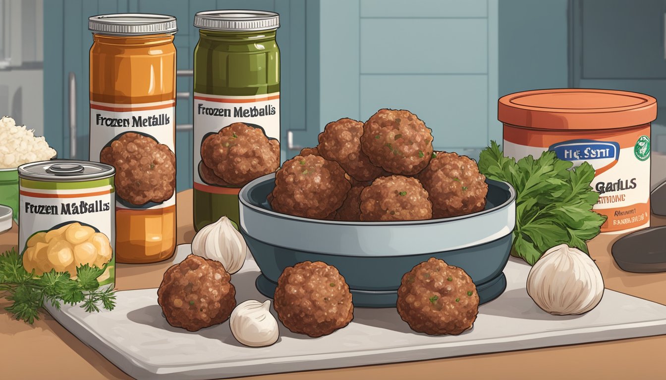 A stack of frozen meatballs next to a pile of canned meatballs on a kitchen counter. On the counter, there are also scattered ingredients like garlic, onions, and herbs