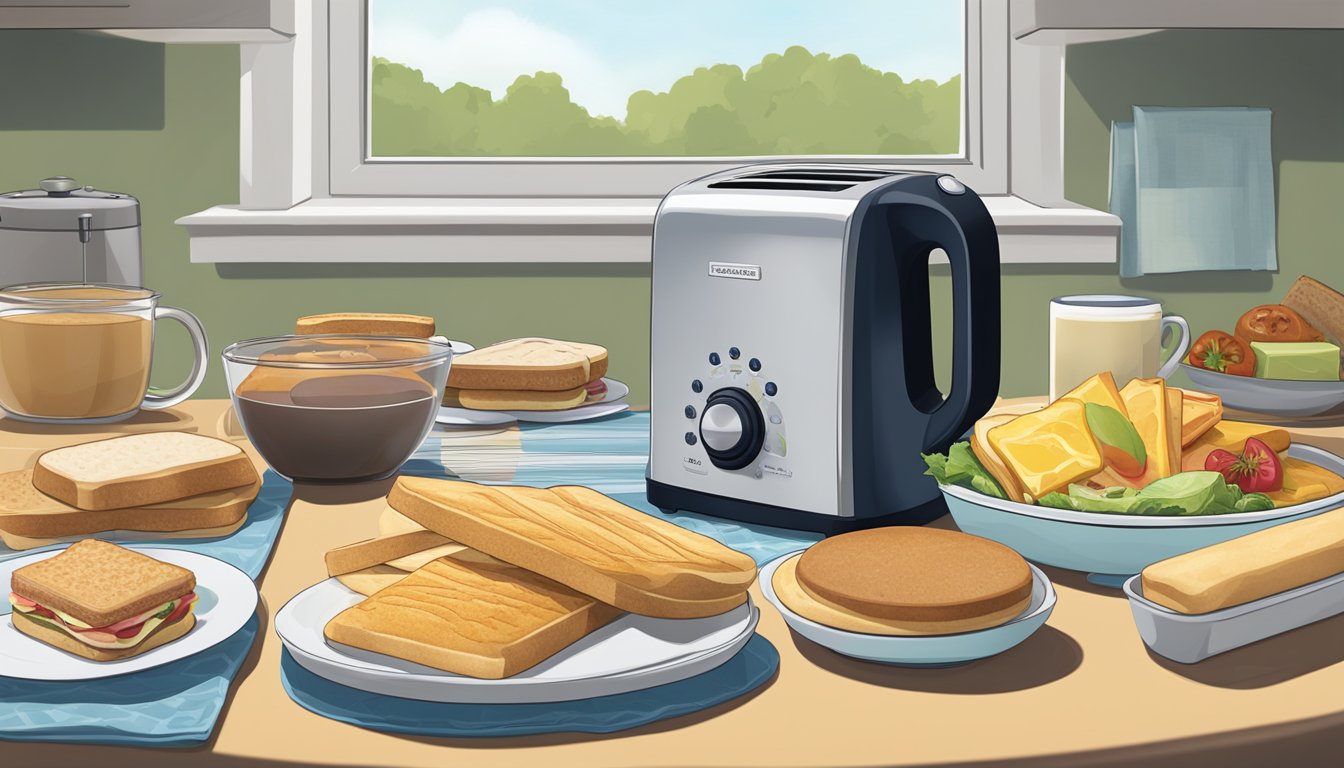 A kitchen counter with a toaster, toaster pastries, and frozen breakfast sandwiches laid out for comparison