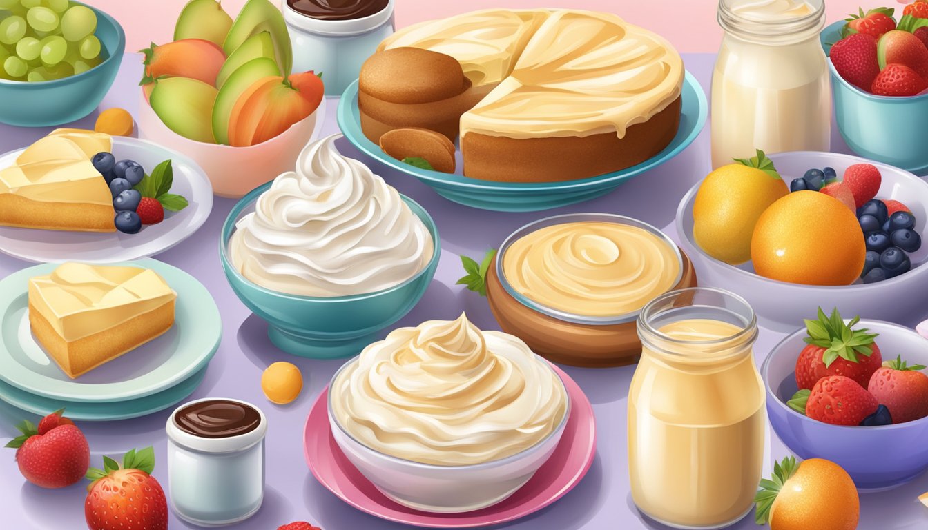 A table with a can of sweetened condensed milk and a can of whipped cream, surrounded by various desserts and fruits