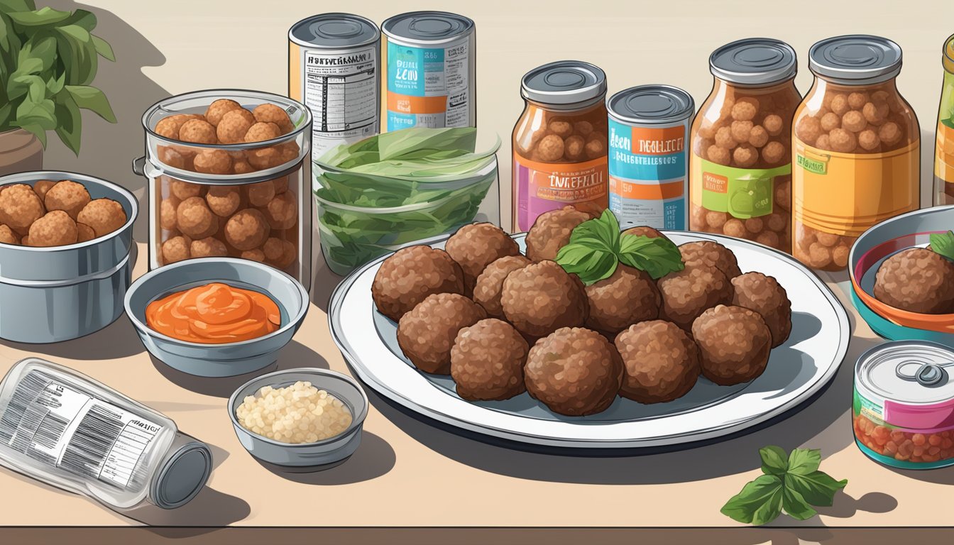 A table with a plate of frozen meatballs next to a plate of canned meatballs, surrounded by various nutrition labels and ingredients