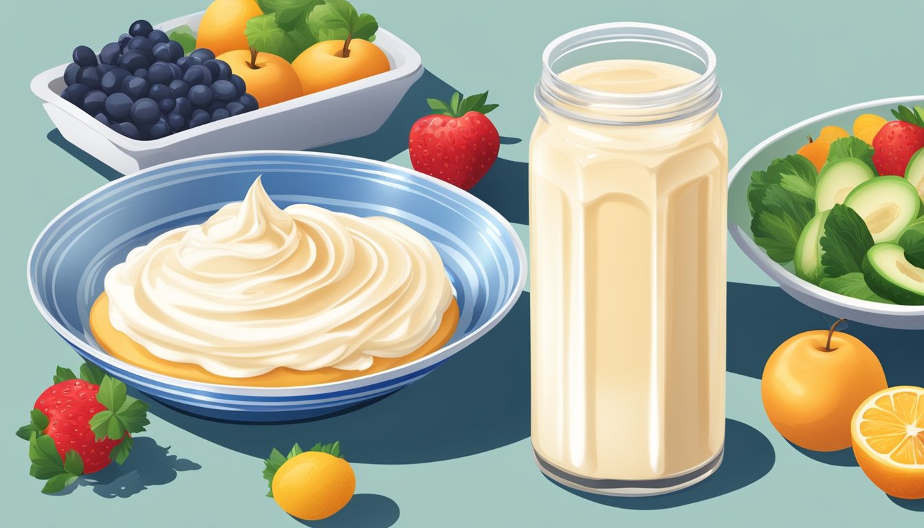 A table with a dish of sweetened condensed milk next to a can of whipped cream, surrounded by fresh fruits and vegetables