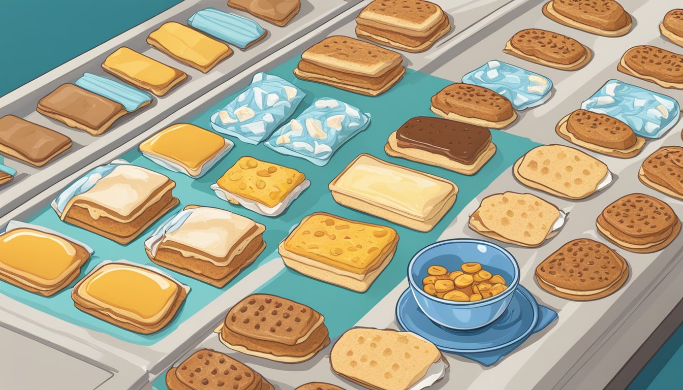 A kitchen counter with a variety of frozen breakfast sandwiches and toaster pastries laid out for comparison